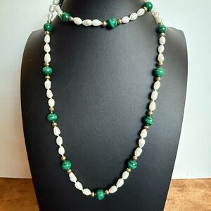 Vintage Green Malachite and Baroque Freshwater Pearl Necklace